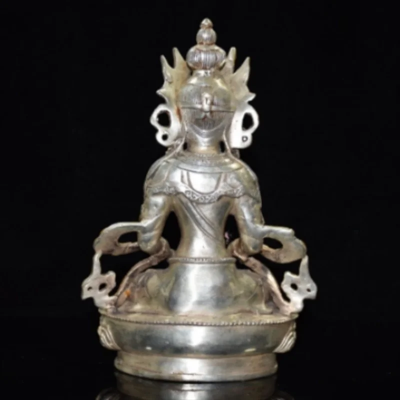 Antique White Copper Gilt Amitayus Longevity Buddha Statue - Tibetan Buddhist Seated Figurine  Home Altar Desktop Display