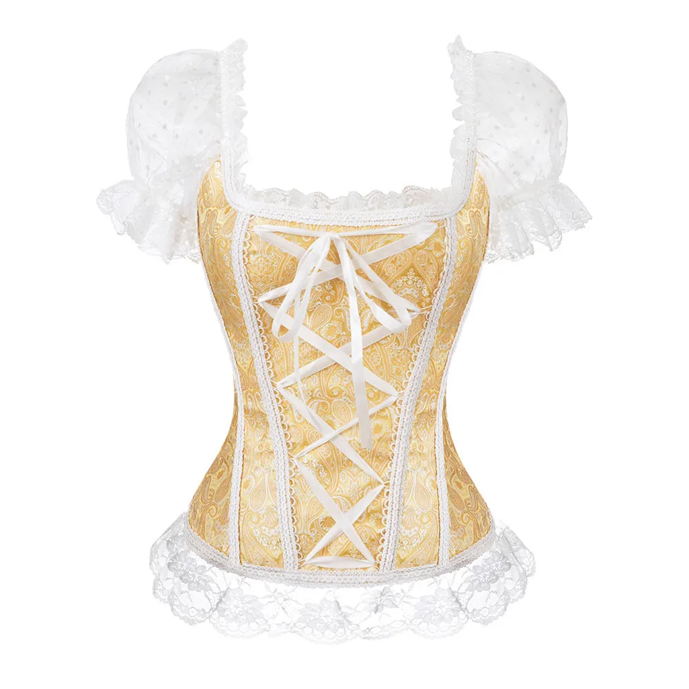 Sexy Gothic Princess Costume Short Sleeves Lace Up Corset Bustier Top Boned Waist Trainer Lingerie Overbust Corsets Body Shaper