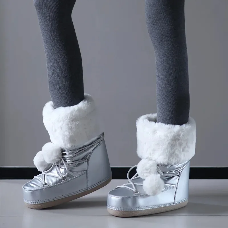 

Зимние женские зимние ботинки до середины икры, женские лыжные ботинки на платформе с пушистым мехом и шнуровкой, размер 35-40