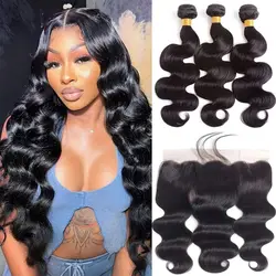 Mechones de pelo negro virgen con ondas corporales, cabello humano grueso, tejido de cutícula, paquete de cabello de Color negro, 3 y 4 mechones, oferta con Frontal 13x4