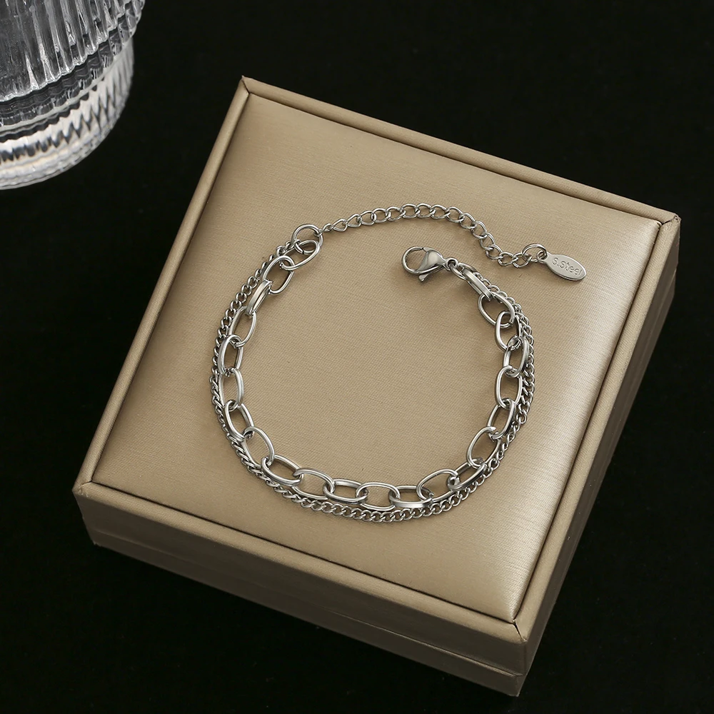 Stainless Steel Chain Bracelet Simple Gold Color Texture Wrist Exquisite Jewelry Party Gift Accessories image 2