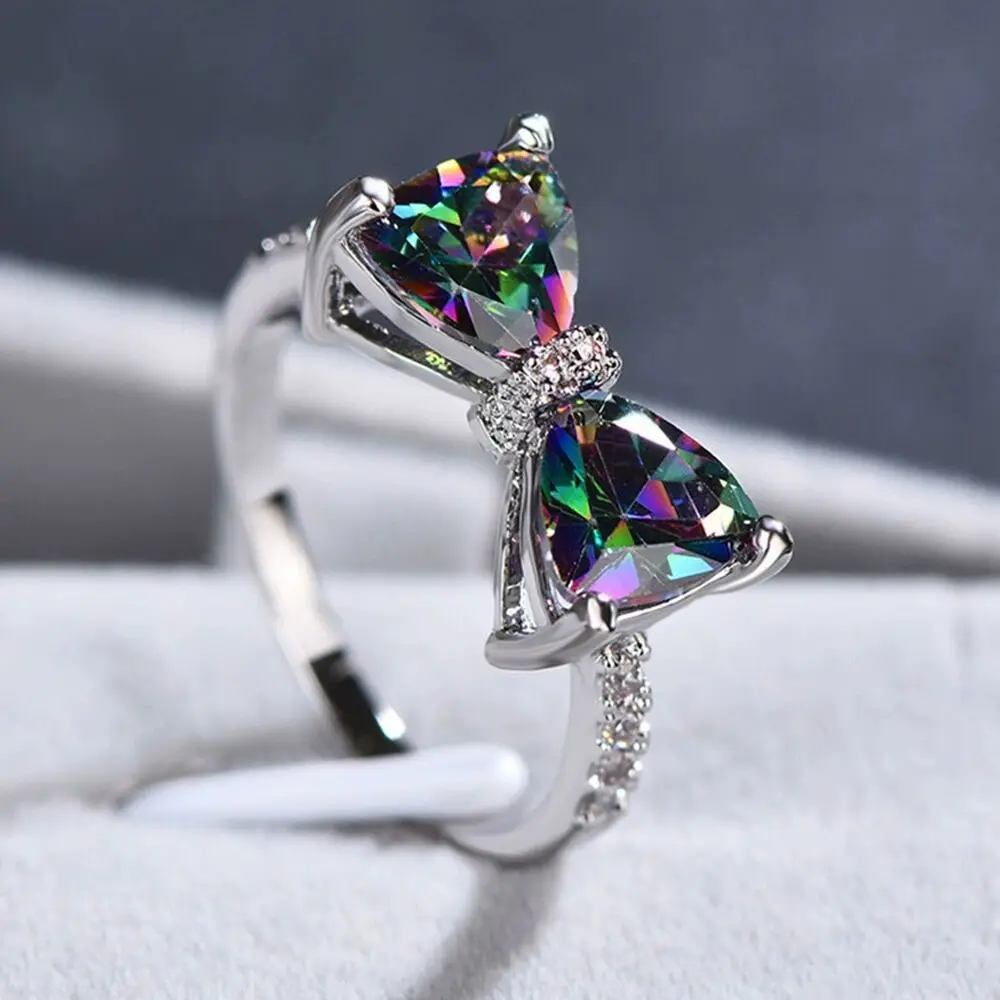 Multi-colored CZ Bow Rings for Women Fancy Bride Wedding Ceremony Party Finger-ring Nice Gift Fashion Jewelry