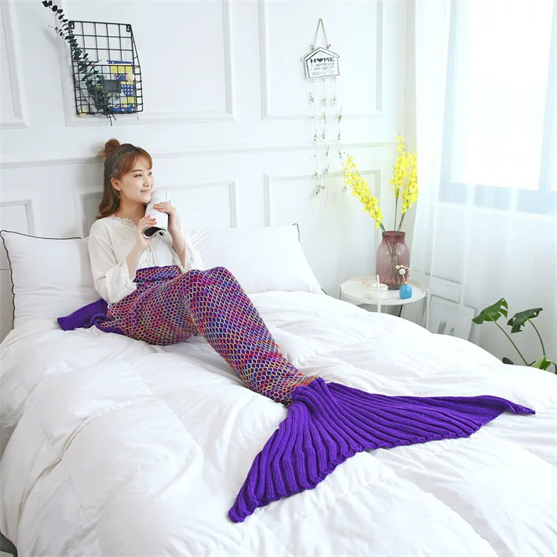 Checkered Fish-Scale Mermaid Tail Knitted Blanket Office Nap Air Conditioning Blanket Casual Sofa Throw for Women Kid Home Decor