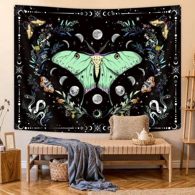 VIKAMA Moon Moth Butterfly Wall Tapestry | Black Boho Celestial Art | Moon Phase Floral Border for Bedroom Aesthetic