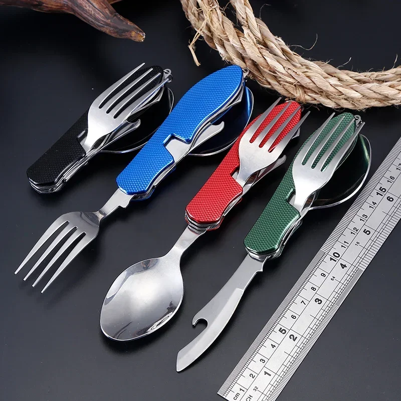 Steel cutlery 4 In 1 Outdoor Picnic Tableware Foldable Knife Fork Spoon Bottle Opener Folding Pocket Cutlery Set