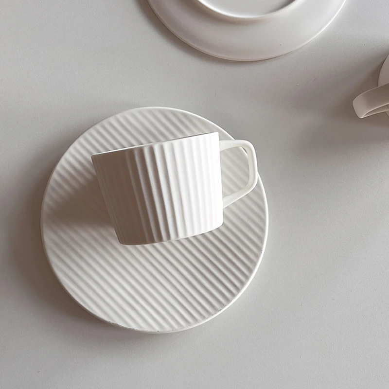 200ML Japanese Milk White Matte Coffee Cup Dish Solid Striped Latte Cup Cake Plate Household Afternoon Tea Cup And Saucer Set