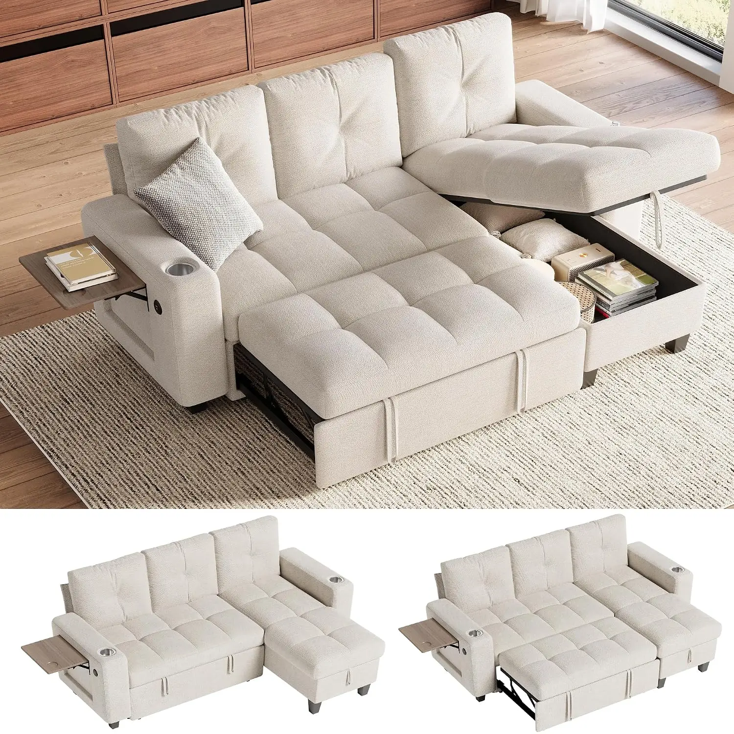Modular Sectional Sofa Bed, Chenille Pull Out 3 Seat Beige, Customized