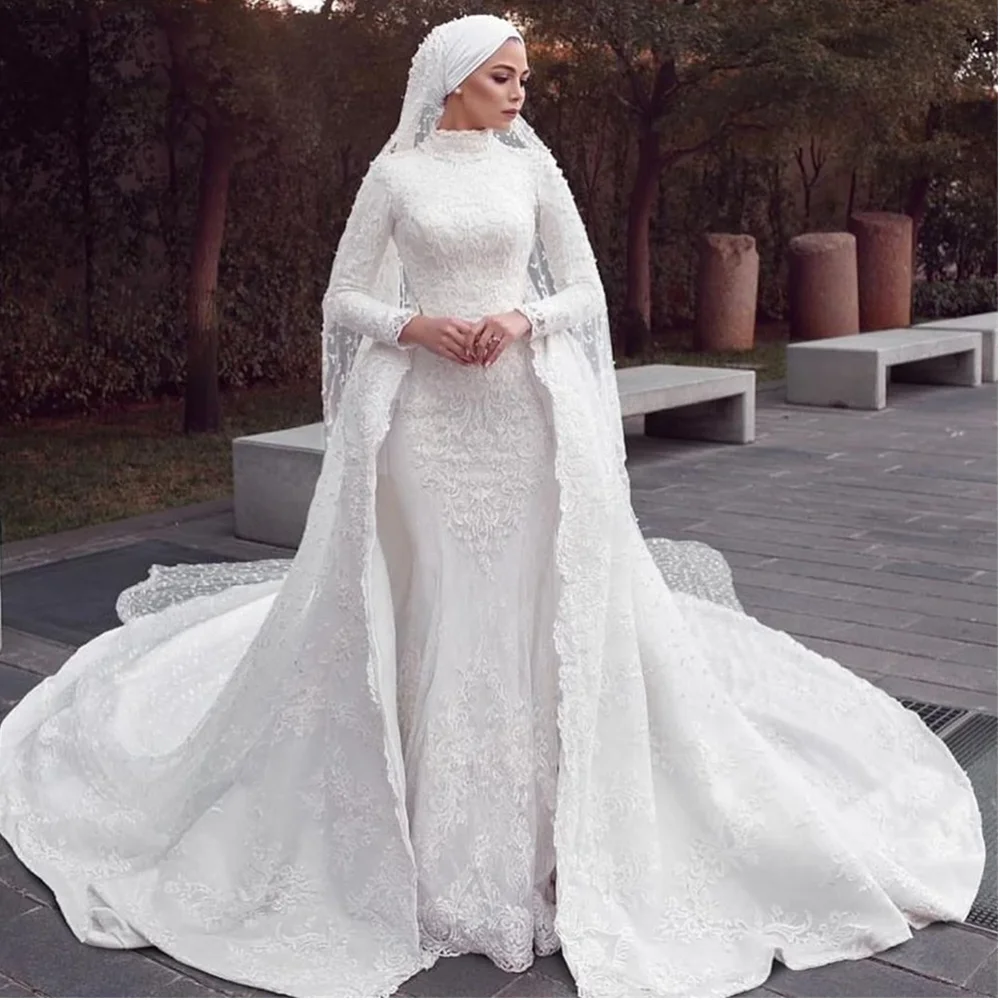 

Vintage Muslim Mermaid Wedding Dresses Detachable Court Train فستان الزفاف Long Sleeves Appliques Lace Bridal Gowns Custom