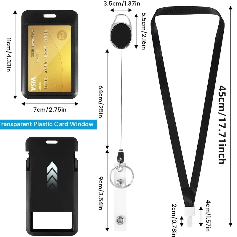 Slider Badge Clip - Hard Black Vertical Plastic Card Case Protective Cover with Retractable Badge Reel and Black Lanyard