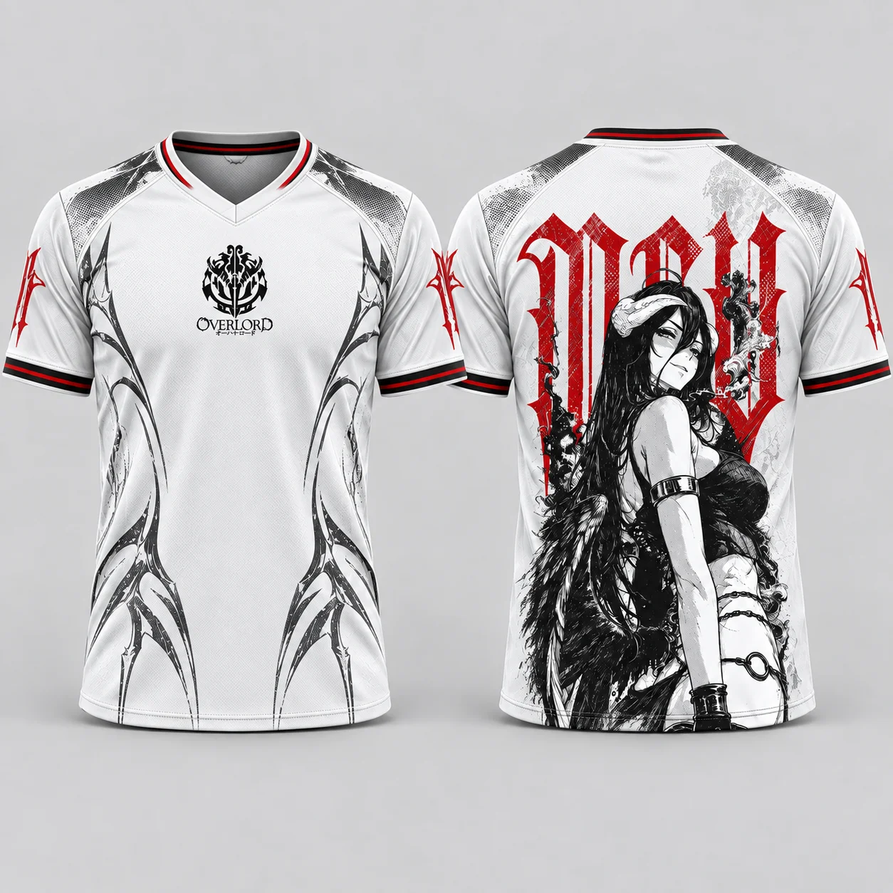 Albedo Anime Jersey T-Shirt White V-Neck Black Red Gothic Print Short Sleeve Unisex Casual Top for Men Women Fans Gifts