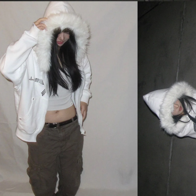 Winter Fashion Streetwear Women's White Faux Fur Hooded Jacket With Sequin Gun Print Trendy Y2K Edgy Zip-Up Sweatshirt 2025 New