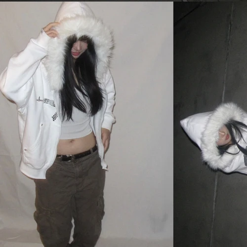 Imagen 2 del producto Ropa de calle de moda de invierno, chaqueta con capucha de piel sintética blanca para mujer con estampado de pistola de lentejuelas, sudadera con cremallera Edgy Y2K a la moda, novedad de 2025