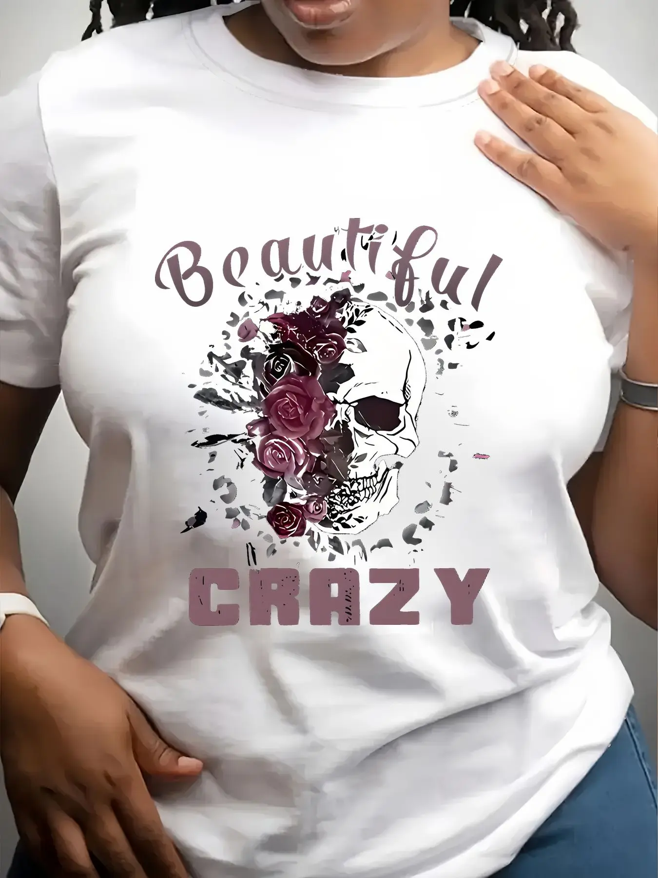 Women's Trendy Crew Neck T-Shirt Beautiful Crazy Skull Rose Print Suitable for Casual Sportswear