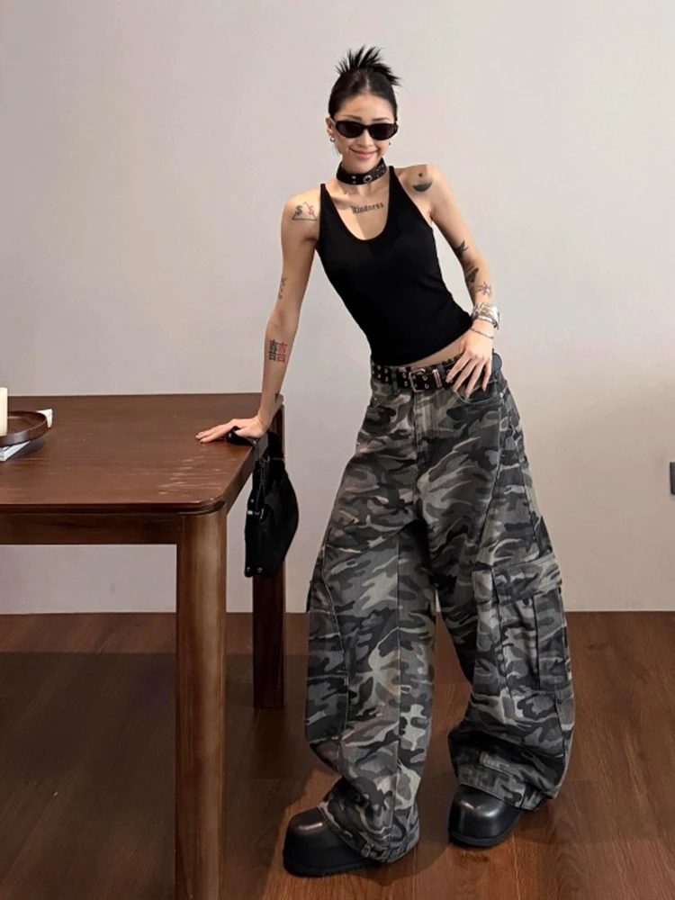 

Американские ретро-джинсы-кюлоты с камуфляжным принтом, удлиненные, женские, осенние, с высокой талией, свободные, прямые, рабочие брюки, повседневные