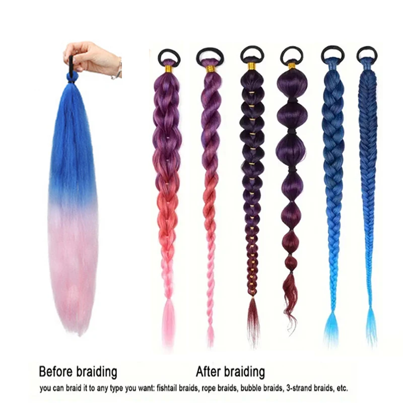 Synthetic 26Inch Long Straight Ponytail Purple DIY Braided Ponytail With Rubber Band Halloween Hair Accessories For Woman