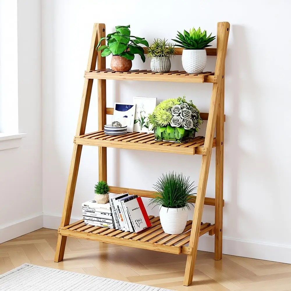 

39.4 3 Tier Bamboo Ladder Shelf, Pot Display, Standing Ladder Bookshelf or Garden, 23.6W x 15D x 39.4H, Natural