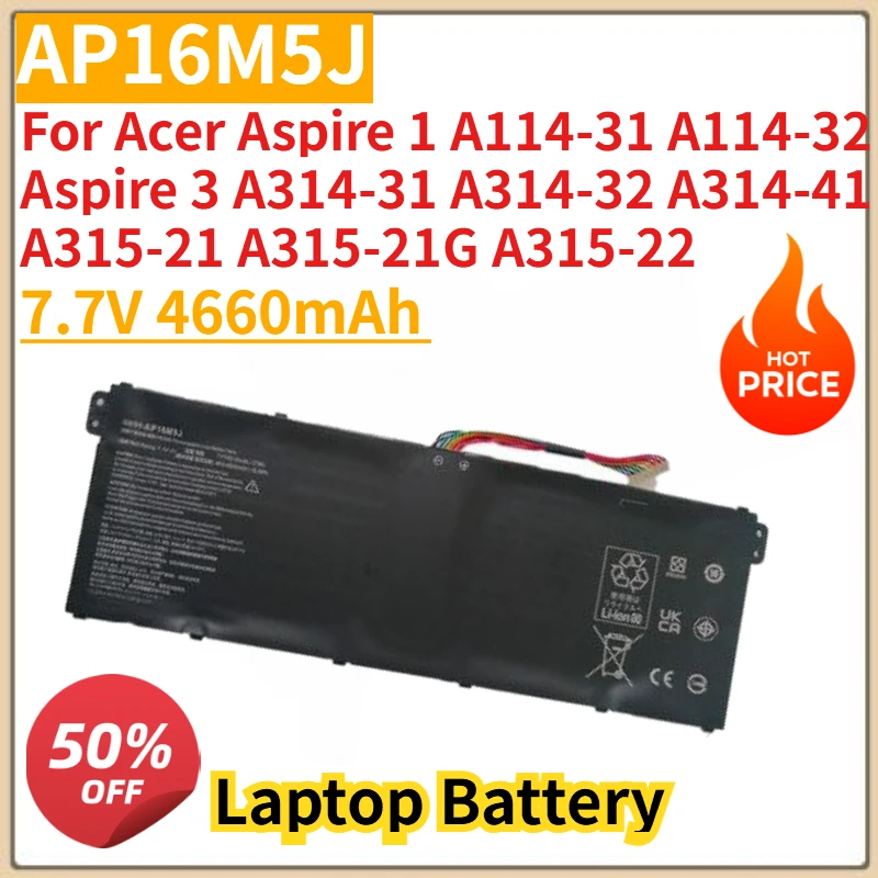 

AP16M5J Laptop Battery 7.7V 4660mAh for Acer Aspire 1 A114-31 A114-32 Aspire 3 A314-31 A314-32 A314-41 A315-21 A315-21G A315-22