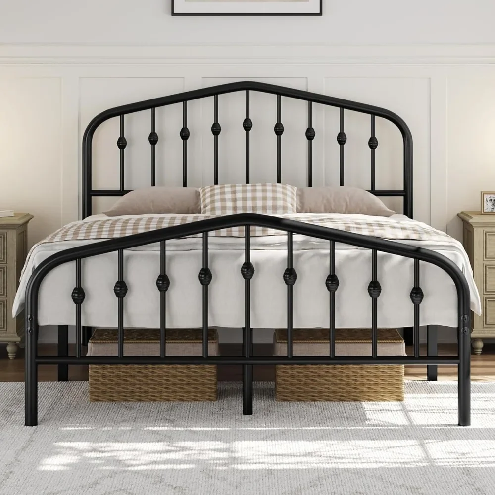 Full Bed Frames Metal Platform Bed with Victorian Style Wrought Iron Headboard and Footboard/Easy Assembly, Bed frame