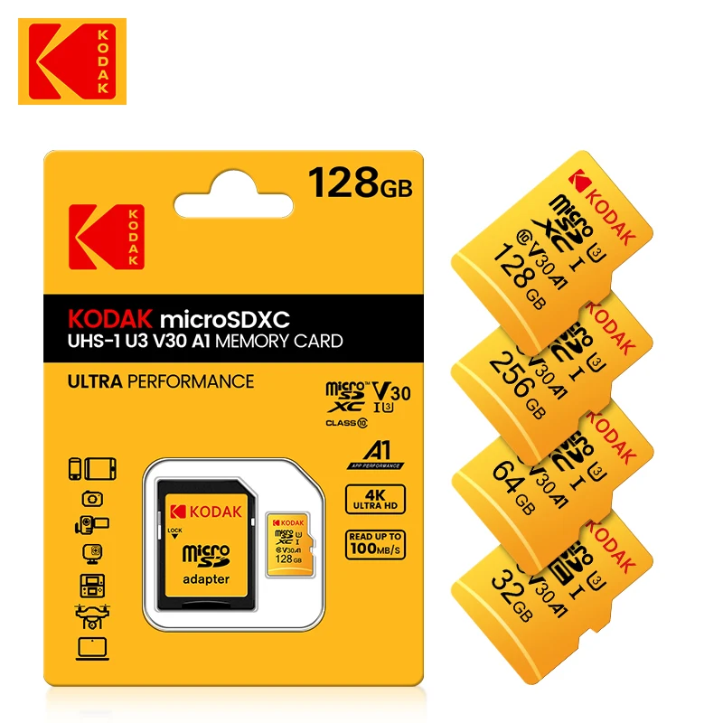 Kodak Micro SD การ์ดการ์ดความจำสีแดงพร้อมอะแดปเตอร์32GB microSDHC 64GB microSDHC microSDHC C10 microsdhsd การ์ดหน่วยความจำ A1แฟลชการ์ด TF