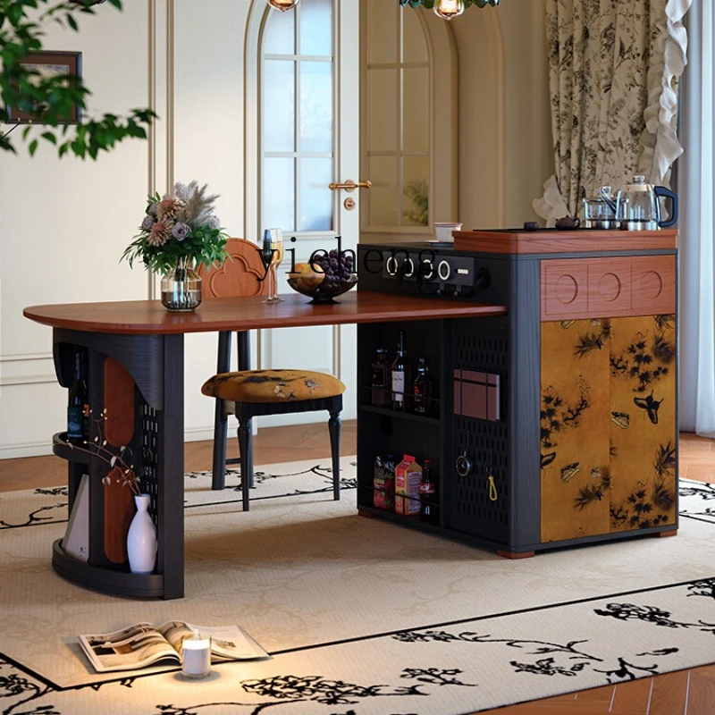 

TQQ retro island dining table integrated household multi-functional retractable medium-ancient solid wood dining table