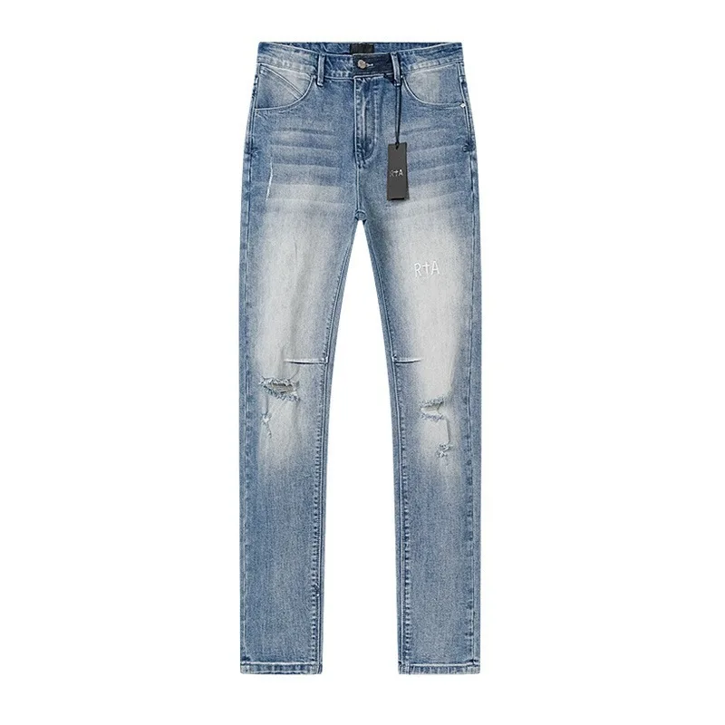 

2026 New Destroyed Scratch Hole Men's High Street Slim Fit Skinny Light black embroidery Denim Jeans Pants