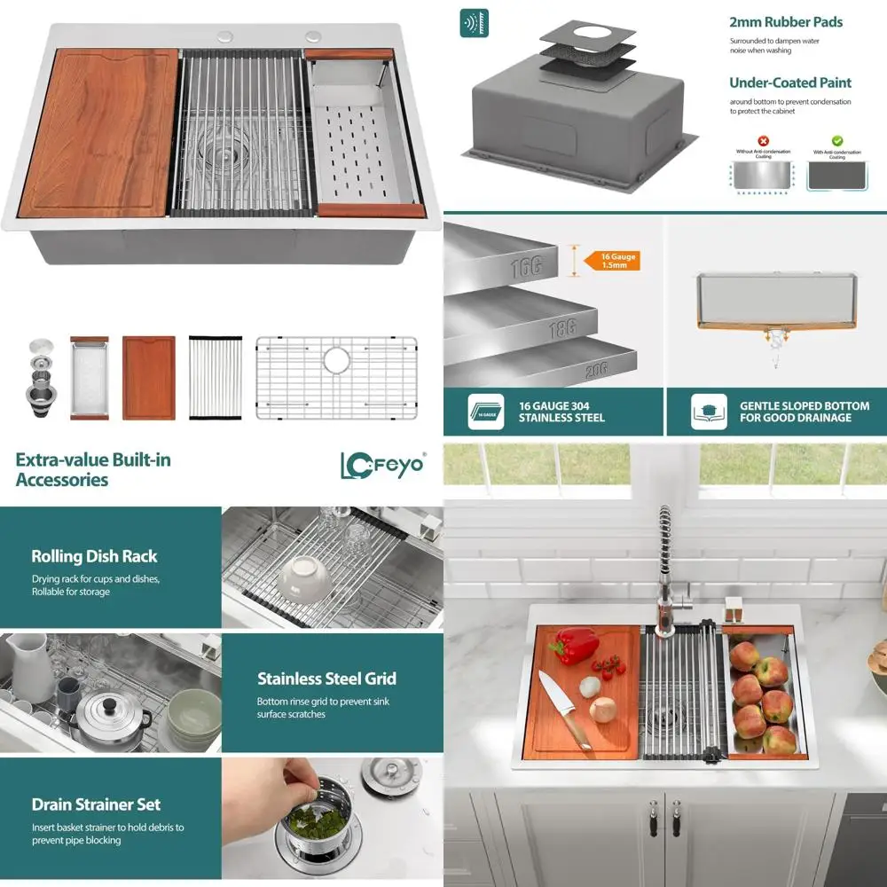 

Stainless Steel 16-Gauge Single Bowl Kitchen Sink, 30x22 Inch Drop-In Workstation, Topmount Design, Handcrafted Ledge Style for