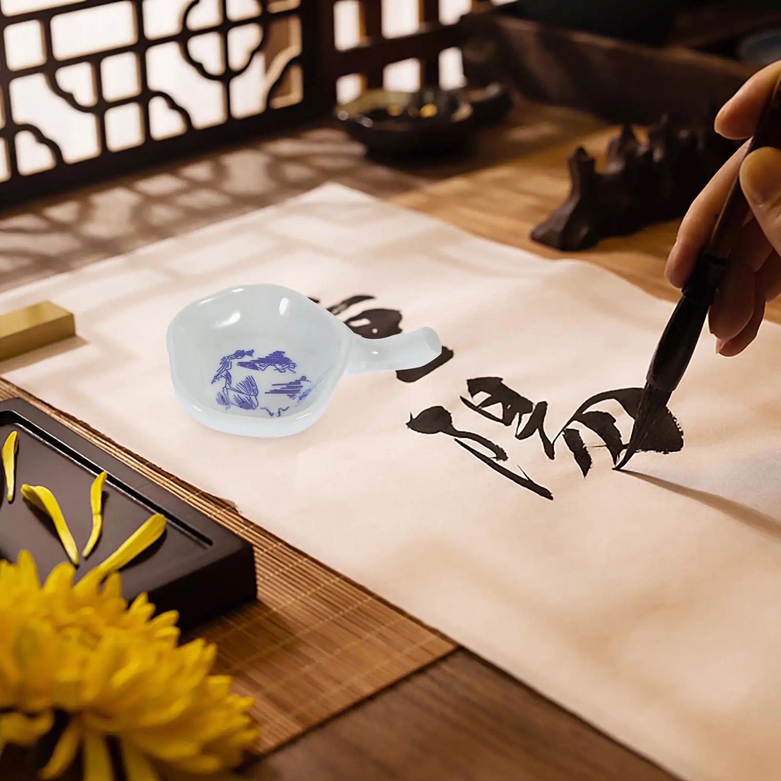 2Pcs Ceramic Ink Dish Porcelain Calligraphy Ink Plate Large Capacity Water Dish Brush Pen Holder Calligraphy Stationery