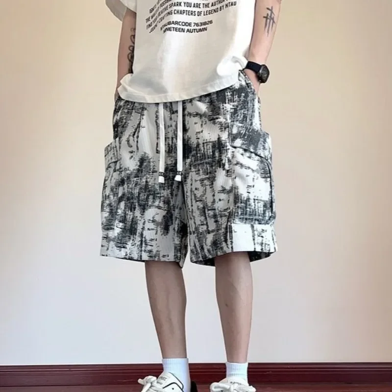 포켓 남성 카고 반바지 와이드 배기 오버 니 루즈 엘라스틱 허리 프린트 숏 팬츠 남성 드로스트링 인기 캐주얼