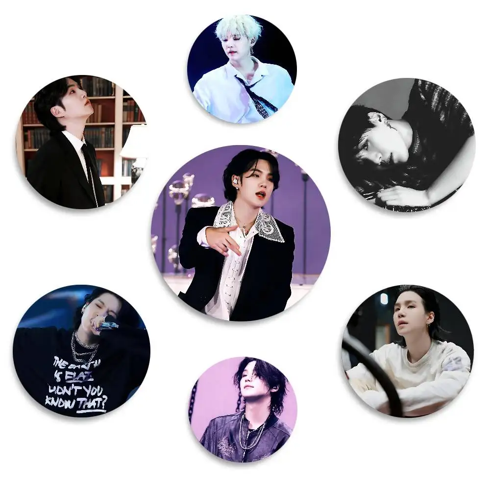 Korean Group K-pop Badges Round Laser Badge Cartoon Singer Agust D SUGA Brooch Clothes Backpack Accessories Lapel