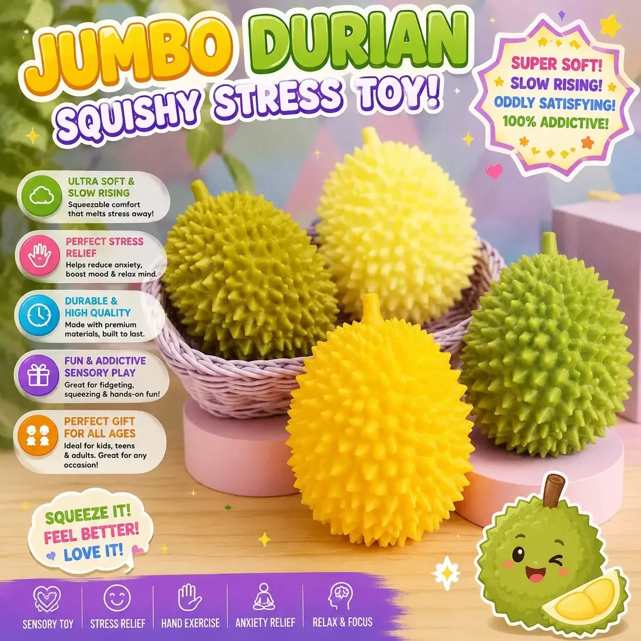 

1 PC Giant Durian Squishy Toy, Soft EVA Sensory Stress Relief Fingertip Toy, Cute Fruit Squeeze Toy, Slow Rebound Decompression Toy, Relieve Anxiety, Exercise Hand Strength, Classroom Prize, Party Favor, Fun Gift For Children, Teenagers And Adults