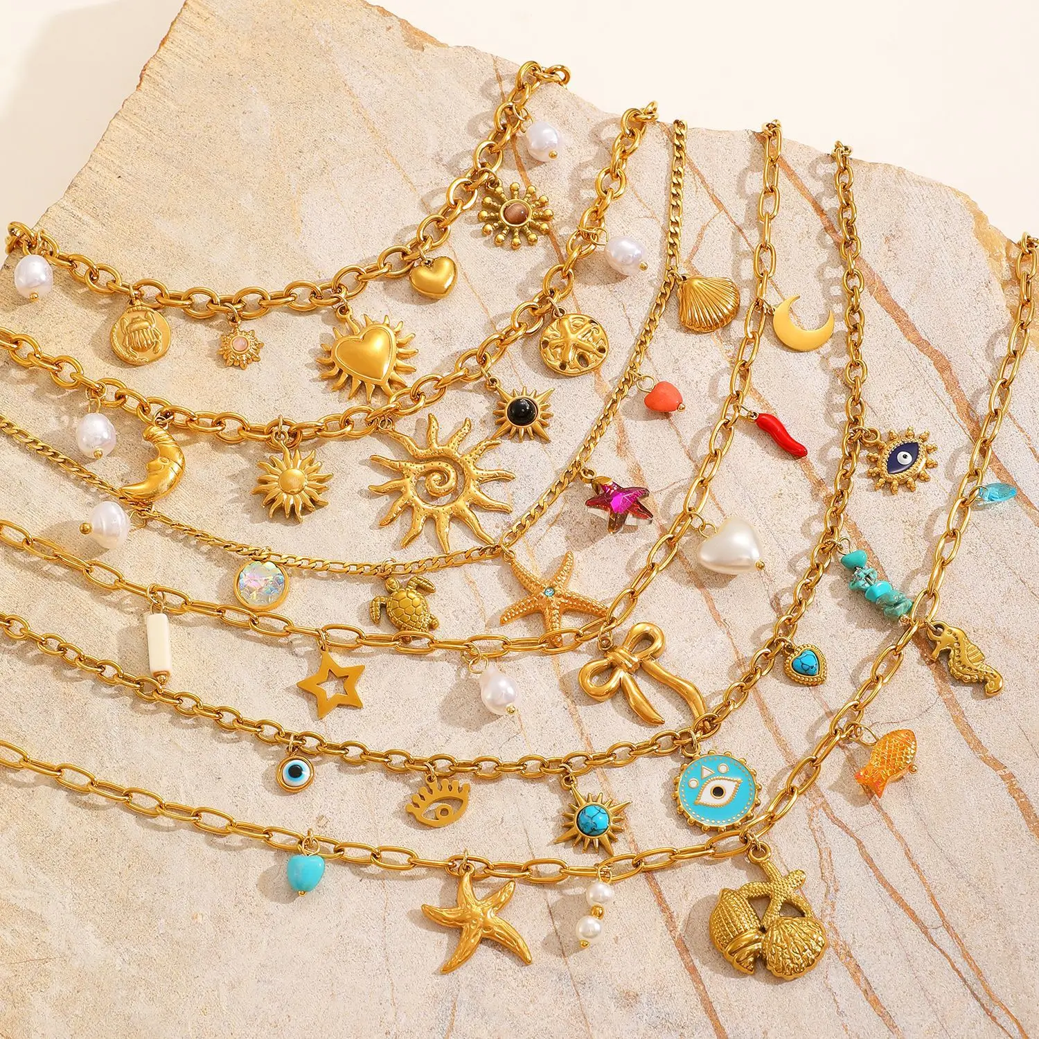 المرأة الشمس القمر القلب نجم البحر السلاحف نجمة القوس عين الشر المختنق مجوهرات البحر موضوع سحر قلادة طبقات متعددة نمط المحيط #3