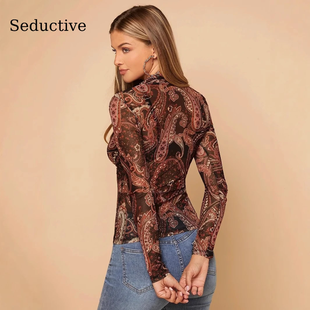 

Women's Slim Fit Paisley Print T-Shirt AW Stand Collar Mesh Long Sleeve Casual Office Daily Fashion Top Trendy Outfit Size S-XXL