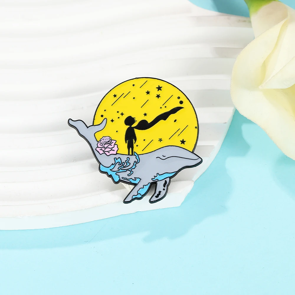 Funny Whale And Man In Space Enamel Pins Creative Starry Sky Pattern Brooches Wholesale