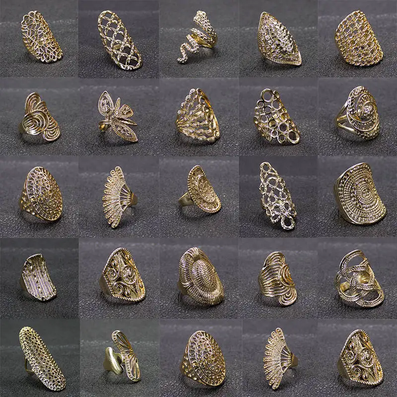 EKUSTYEE 20 أجزاء/وحدة سحر الذهب والفضة اللون الدائري للنساء نمط طويل خواتم خمر الأزياء والمجوهرات مزيج نمط #2