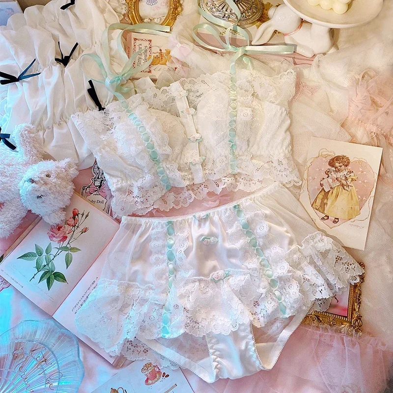 Conjunto lingerie sexy para mulheres, sutiã e calcinha, flores de fivela frontal, roupa íntima de algodão, renda vintage, menina lolita, sutiãs kawaii