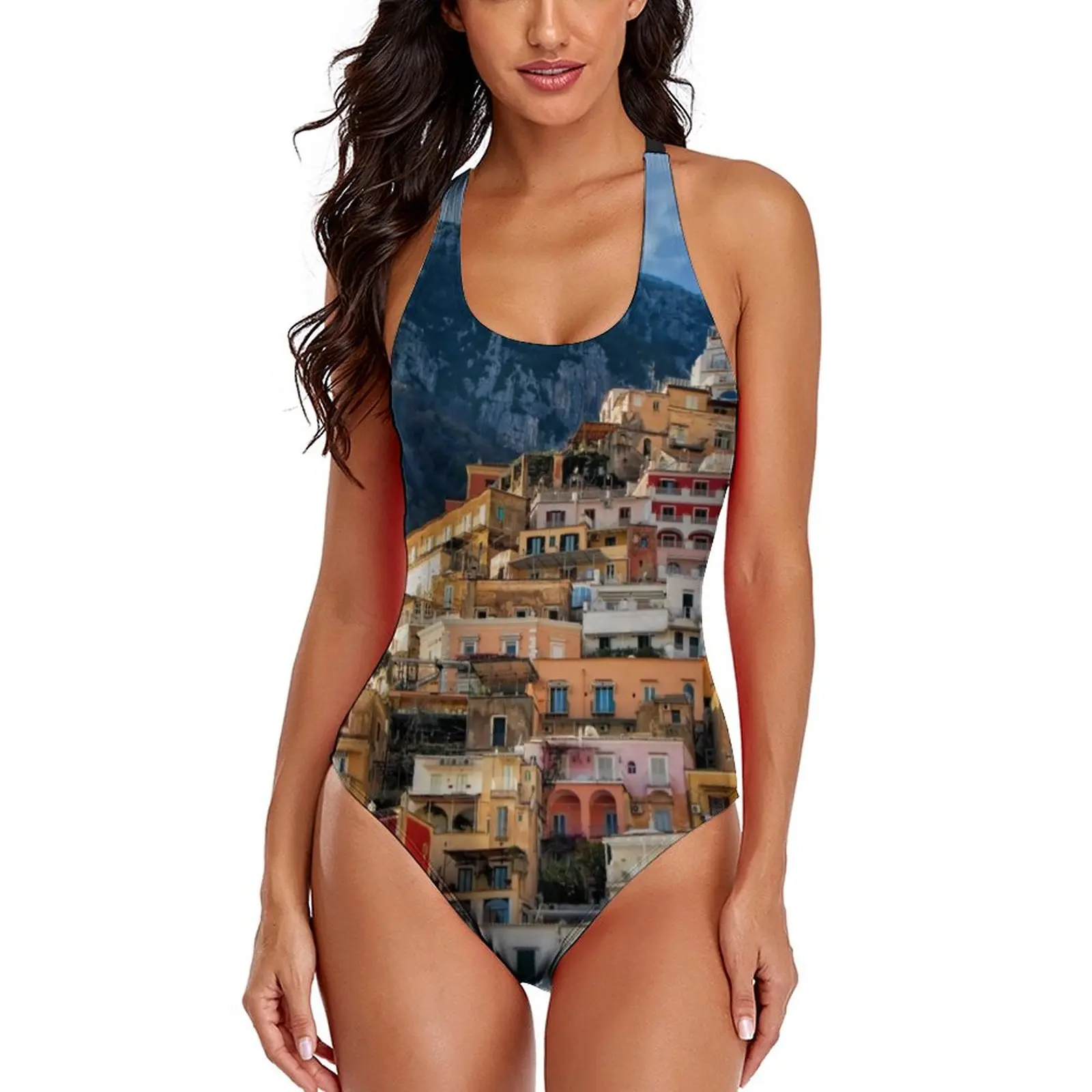 

Architecture Mountains Swimsuit Sexy Italy Positano Swimwear One Piece Swimsuits Push Up Bathing Suits Print Beachwear Plus Size