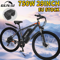 EU STOCK 750W Electric Bicycle, GUNAI 29Inch Off-Road Tire 48V 15Ah Battery 21 Speed Gear Adult Mountain Bike, with luggage bag