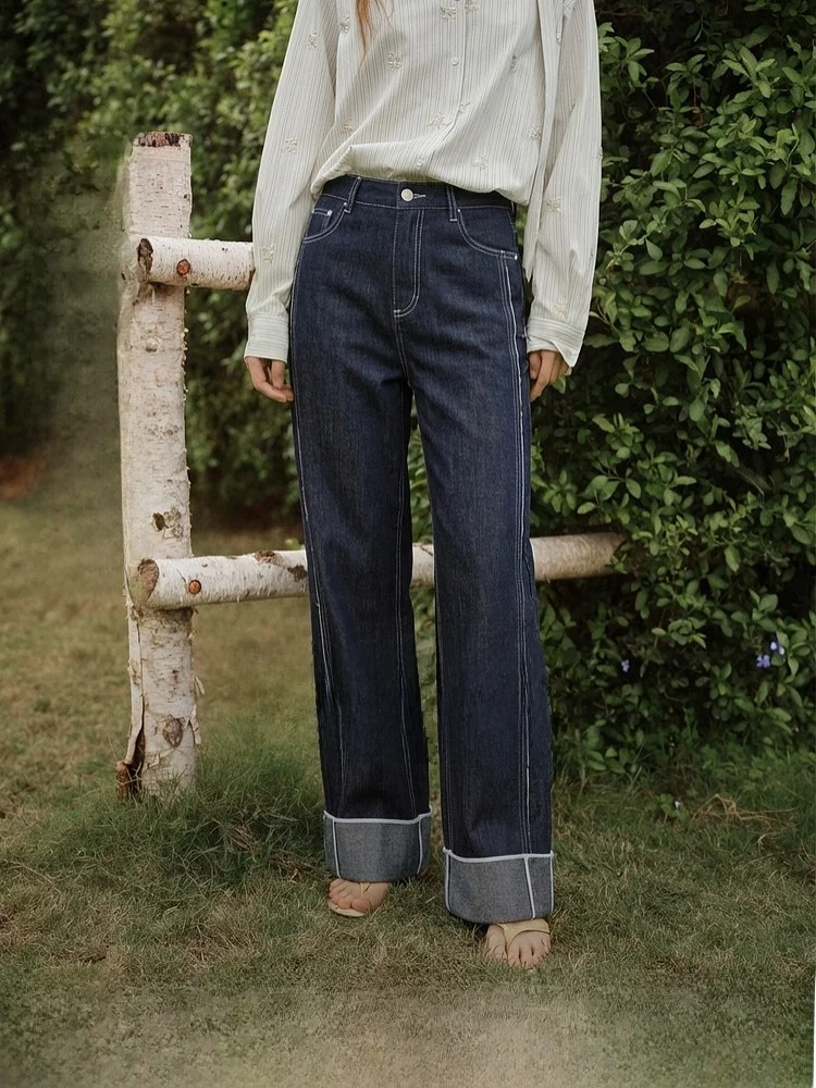 

Elle Modern Color Block Design Linen Jeans Women's High Waist Slim Straight Leg Summer New Style Fashionable Commute Wear
