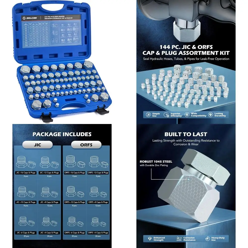 

Universal 144-Piece JIC and Plug Kit for Sizes 4, 6, 8, 10, 12, 16 - Heavy-Duty Hydraulic Hose Fitting Set
