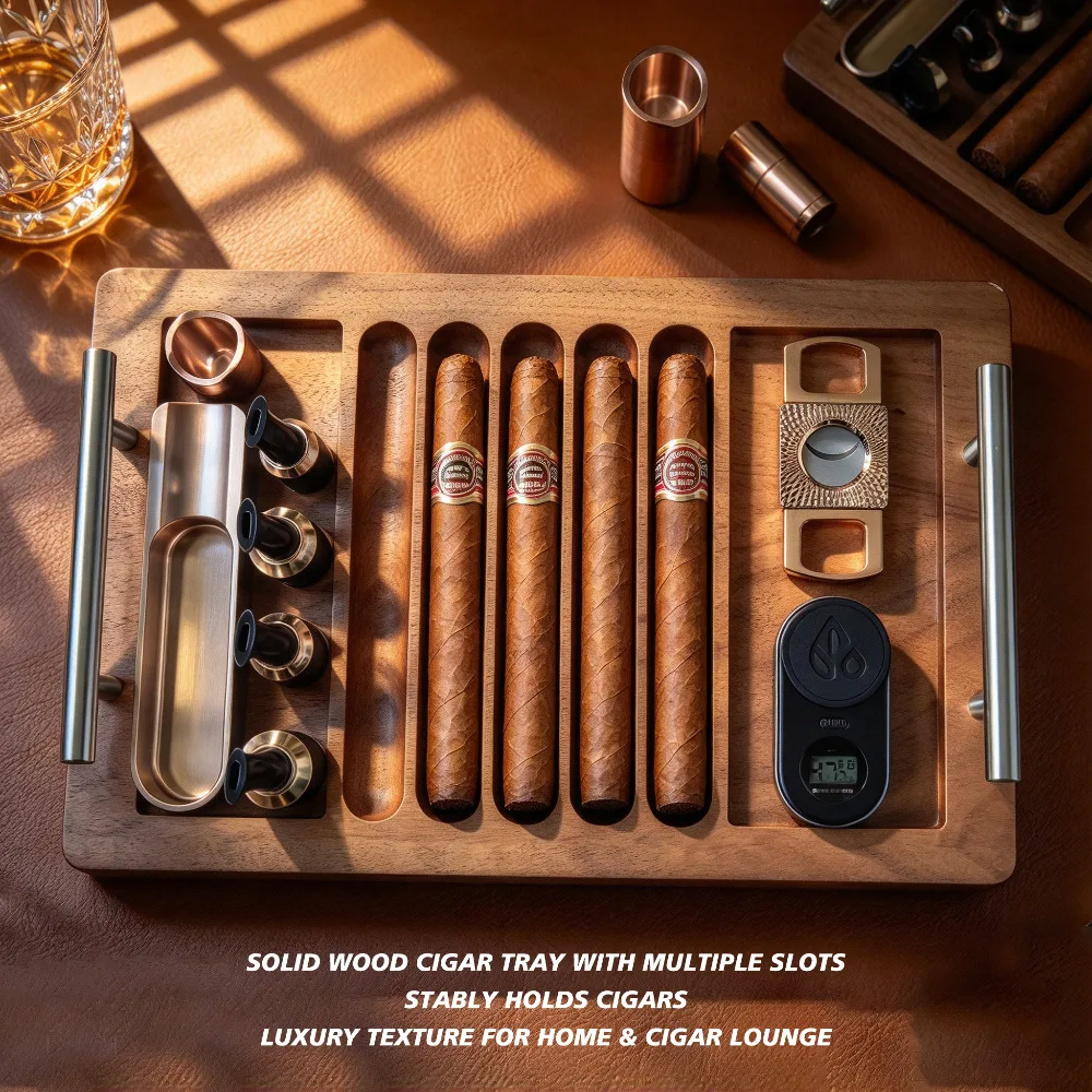 Cigar Accessories,Wooden Cigar Tray with Metal Handles,Side Grooves for Cigar Lighter Cutter Smoking Accessories