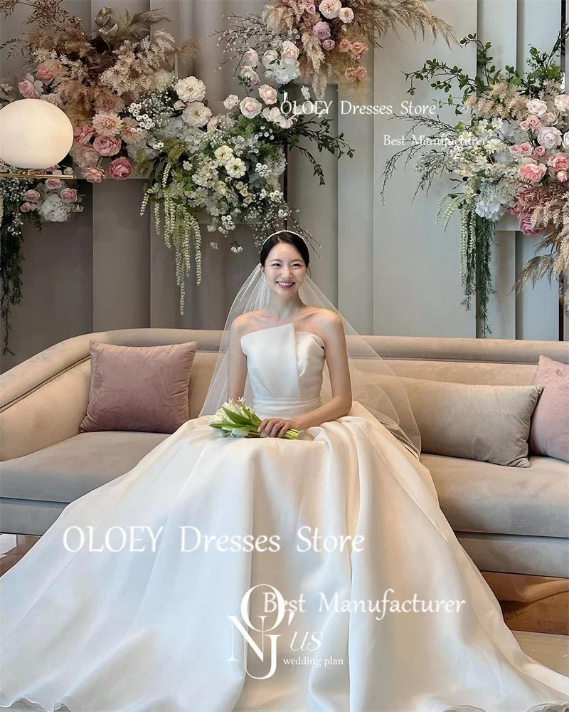 OLOEY Princess Silk Organza A Line Korea Wedding Dresses Photoshoot Strapless Floor Length Bridal Gowns Corset Back Custom Veil