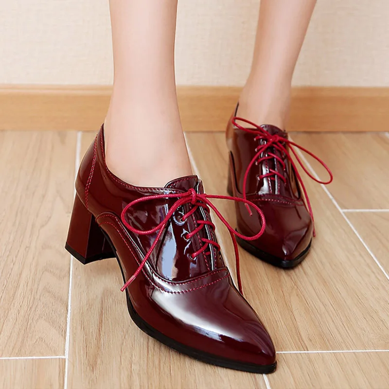 Phoentin wine red lace up women pumps heel shoes pointed toe office concise women heels flower insole shoes large size 48 FT287