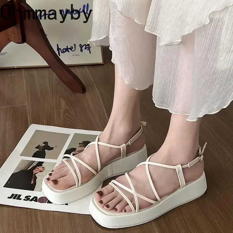 2024 Summer New Brand Women Sandal Fashion Narrow Band Gladiator Shoes Platform Flats Heel Open Toe Dress Pumps Shoe