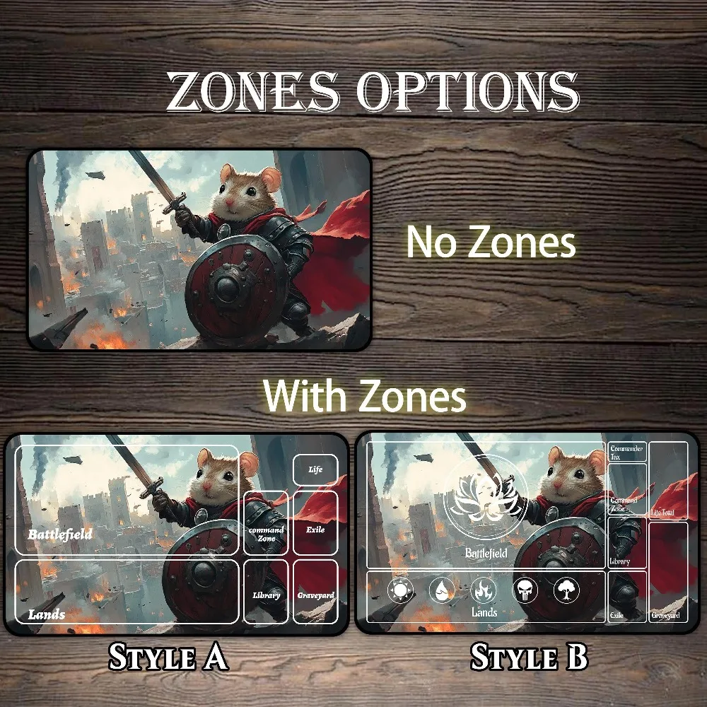 Mouse Knight Warrior TCG Playmat Medieval Armor Red Cape Sword And Shield Burning Castle Battlefield DND Fantasy