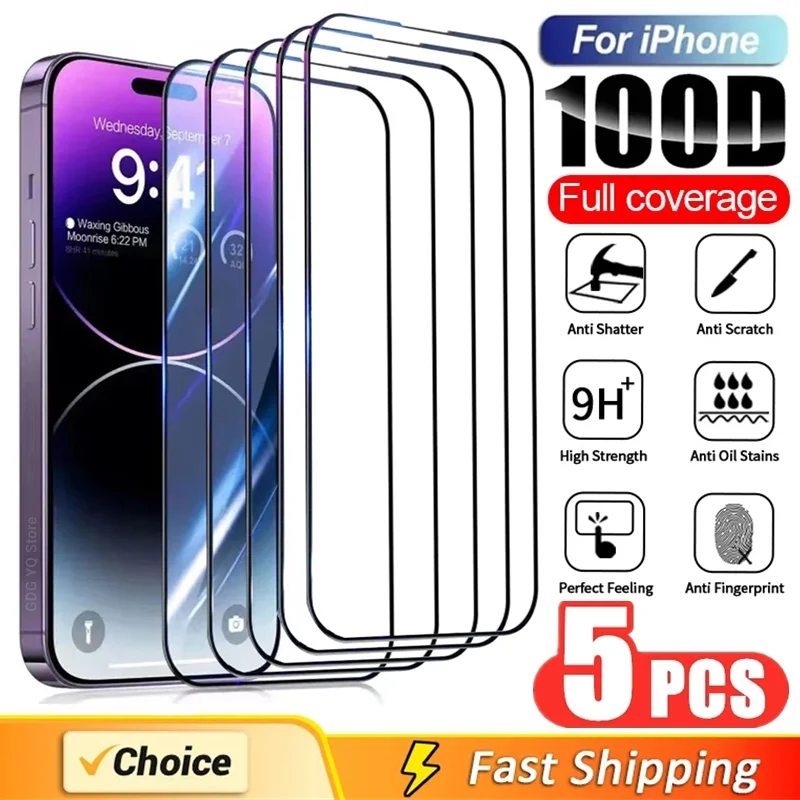 

5Pcs Protective Glass For iPhone 14 Pro Max 12 13 Mini 7 8 Plus Screen Protector For iPhone 15 11 PRO XS MAX X XR Tempered Glass