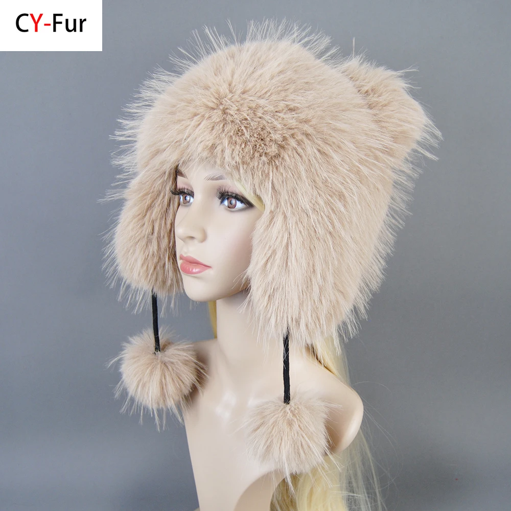 

False Raccoon Fur Pompom Bomber Hats Russian Female Beanies False Raccoon Fur Hat Knitted Skullies Beanies Women's Winter Hats