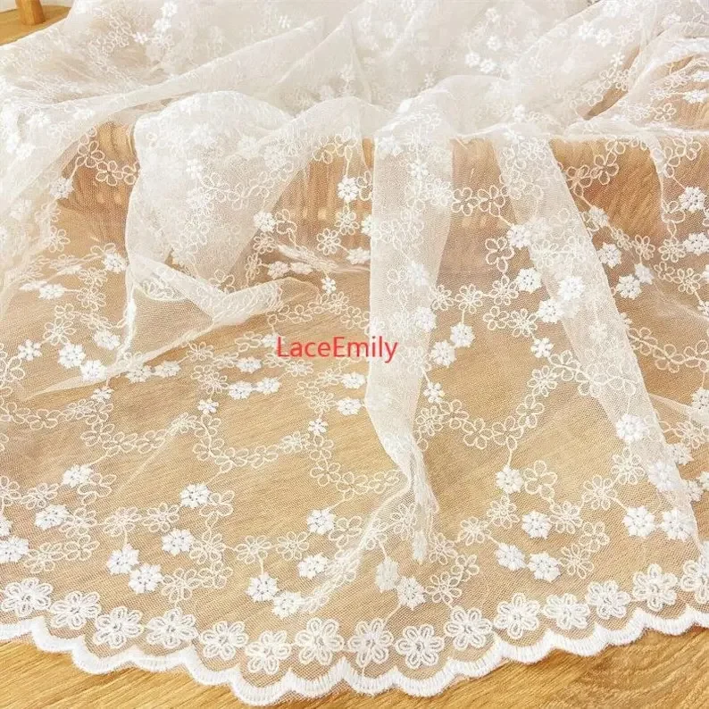 

White flowers Embroidered Lace Fabric, Floral soft Tulle lace for girl dress party decoration costume baby princess