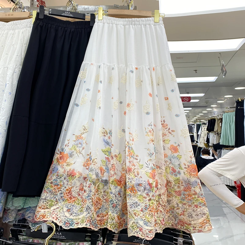 

Women French Style Heavy Embroidery Floral Print A Line Long Skirt Elegant