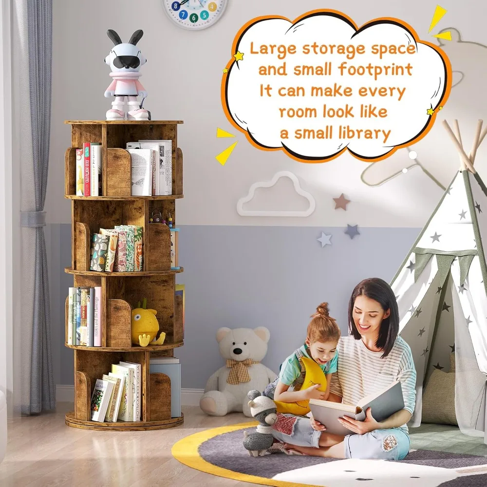 Rotating Bookshelf, Corner Bookshelf, 360 Display Wood Spinning Bookcase Storage Rack, Floor Standing Revolving Bookcase Narrow