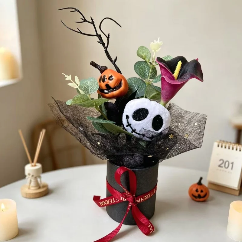Halloween Skull Plush Dolls With Artificial Flowers Spider Creative Handmade Bouquets Home Decor Christmas Halloween Gifts